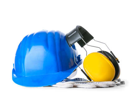 Safety equipment and builder's tools on white backgroundの写真素材