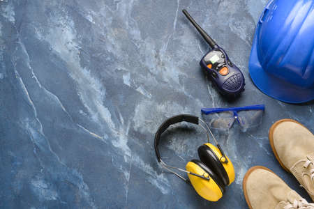 Safety equipment with radio transmitter on color backgroundの写真素材