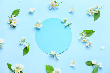 Blank card and beautiful jasmine flowers on color background