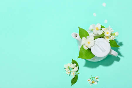 Composition with teapot and beautiful jasmine flowers on color background