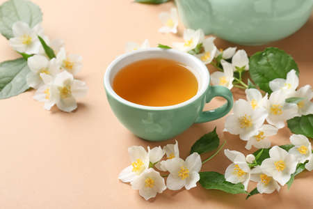 Cup of jasmine tea and flowers on color backgroundの写真素材
