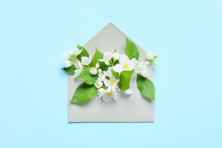 Envelope with beautiful jasmine flowers on color backgroundの写真素材