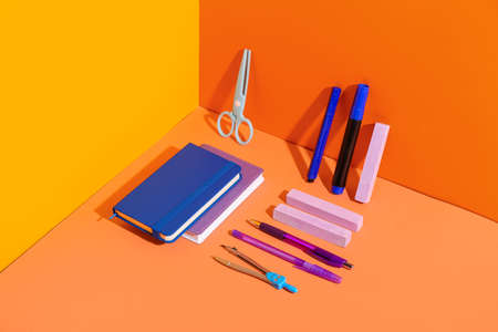 school supplies on color backgroundの写真素材