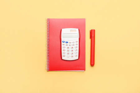 school supplies on color backgroundの写真素材