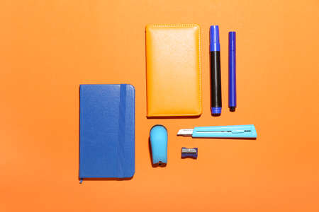 school supplies on color backgroundの写真素材