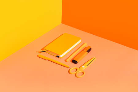 school supplies on color backgroundの写真素材