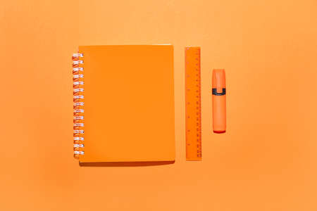 school supplies on color backgroundの写真素材