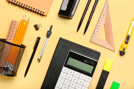 school supplies on color backgroundの写真素材