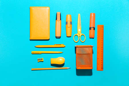 school supplies on color backgroundの写真素材