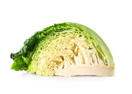 Piece of fresh savoy cabbage on white backgroundの写真素材
