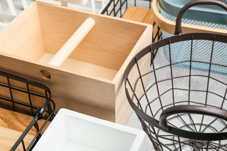 Different empty wardrobe organizersの写真素材