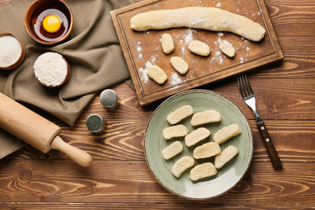 Plate with delicious dumplings on wooden backgroundの写真素材