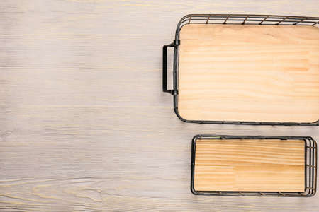 Empty wardrobe boxes on light wooden backgroundの写真素材