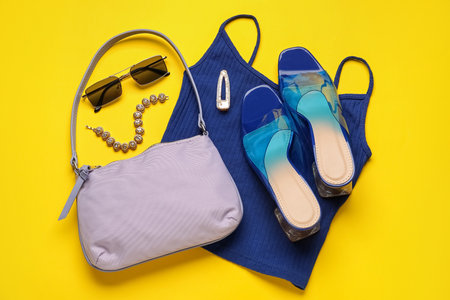 Composition with stylish handbag, shoes and different accessories on color backgroundの写真素材