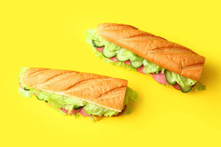 Tasty sandwiches on color backgroundの写真素材