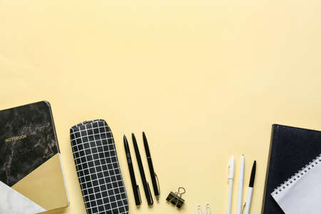 Stationery supplies on color background
