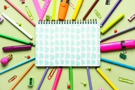 Stationery supplies on color backgroundの写真素材