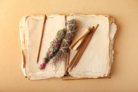 Old book, incense and herbs for aura cleansing on color background