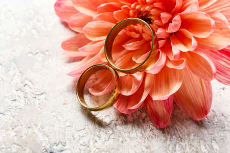 Wedding rings and beautiful flower on light tableの写真素材