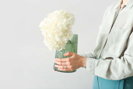 Woman holding vase with white hydrangea flower on light background