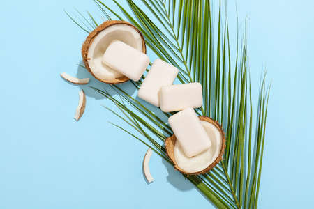 Soap bars, coconut and palm leaf on color background