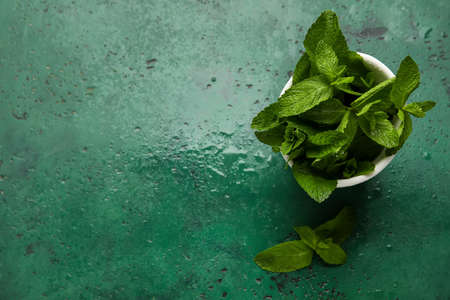 Bowl with mint leaves on color backgroundの写真素材