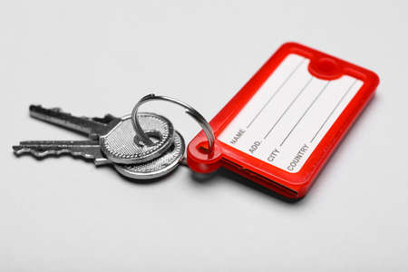 Keys with plastic tag on gray background