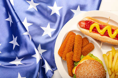 Traditional American food with flag on tableの写真素材