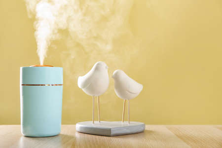 Modern humidifier and decor on table against color background