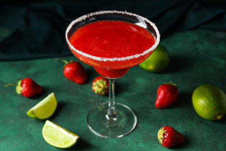 Glass of strawberry daiquiri cocktail, limes and berries on color backgroundの写真素材