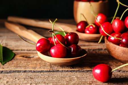 Spoons with tasty ripe cherry on wooden tableの写真素材