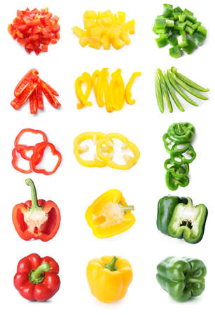 Set of red, yellow and green bell pepper isolated on whiteの写真素材