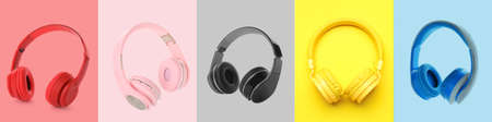 Set of modern headphones on colorful background