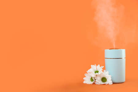 Modern humidifier with flowers on color background