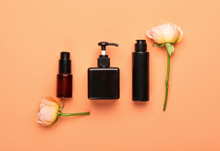 Bottles of cosmetic products and rose flowers on color backgroundの写真素材