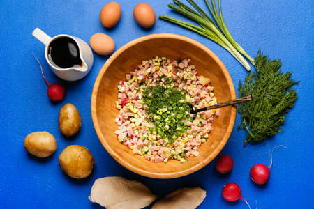 Composition with different ingredients for okroshka on color backgroundの写真素材