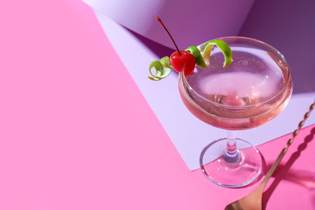Glass of tasty cosmopolitan cocktail and spoon on color backgroundの写真素材