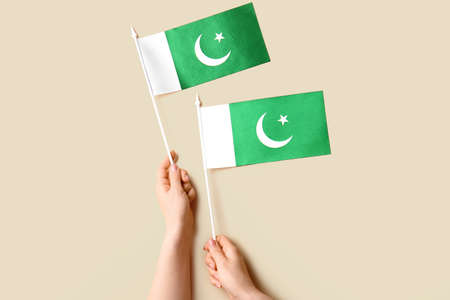 Female hands with Pakistan flags on color backgroundの写真素材