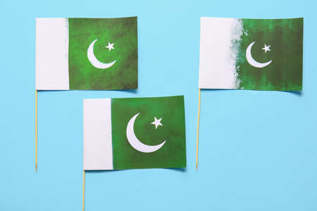 Pakistan flags on color background