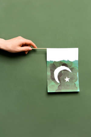Female hand with Pakistan flag on color background