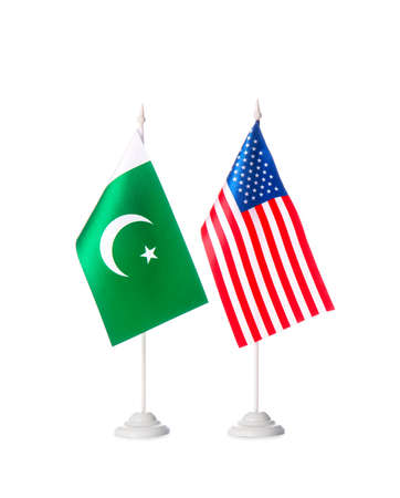 Flags of USA and Pakistan on white backgroundの写真素材