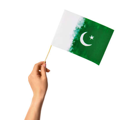 Female hand with Pakistan flag on white backgroundの写真素材