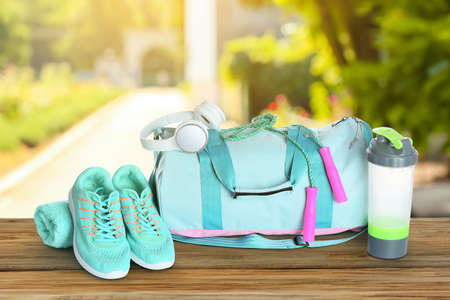 Set of sport equipment in summer park
