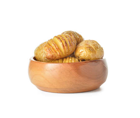 Bowl with baked potato on white background