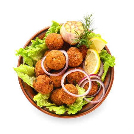 Bowl with tasty cod cutlets on white backgroundの写真素材