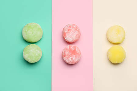 Delicious mochi on color background
