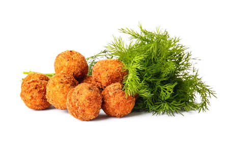 Tasty cod cutlets with dill on white background