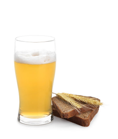 Glass of fresh kvass on white backgroundの写真素材