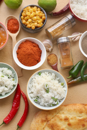 Traditional Indian food and spices on color backgroundの写真素材