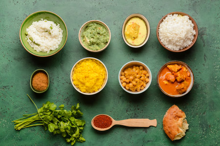 Traditional Indian food and spices on color backgroundの写真素材